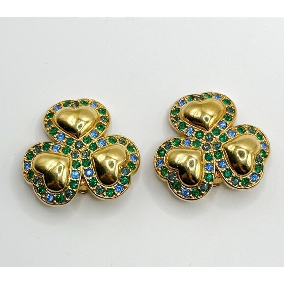 Swarovski Green Blue Crystal Heart Three Leaf Clover Clip On Earrings - Picture 4 of 5